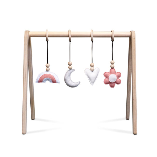 Blank houten babygym , met bloem en regenboog , speelboog massief hout - toddie.nl