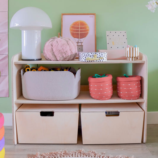 Jollie montessori oppbevaringsskap for leker + rullende oppbevaringskasser | Bokhylle med 2 hyller – ubehandlet