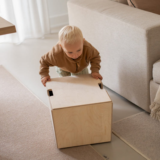 Montessori oppbevaringskasse på hjul med svingbare hjul og lokk - ubehandlet