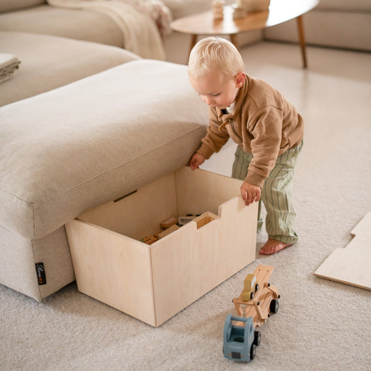 Montessori oppbevaringskasse på hjul med svingbare hjul og lokk - ubehandlet