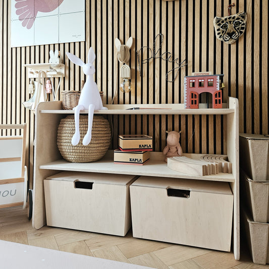 Jollie montessori oppbevaringsskap for leker + rullende oppbevaringskasser | Bokhylle med 2 hyller – ubehandlet