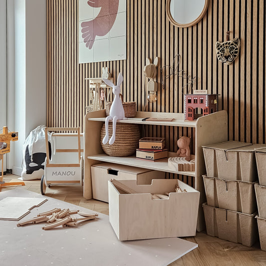 Jollie montessori oppbevaringsskap for leker + rullende oppbevaringskasser | Bokhylle med 2 hyller – ubehandlet