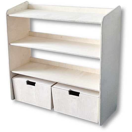 Jollie montessori åpent oppbevaringsskap + rullende oppbevaringskasser | Bokhylle med 3 hyller – ubehandlet