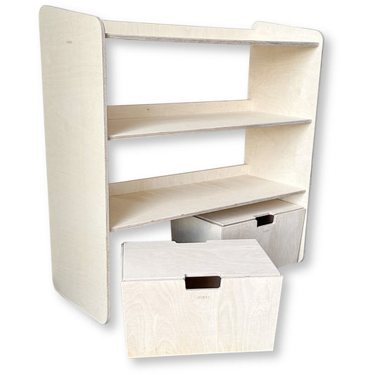 Jollie montessori åpent oppbevaringsskap + rullende oppbevaringskasser | Bokhylle med 3 hyller – ubehandlet