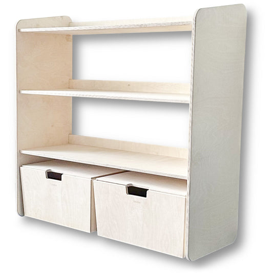 Jollie montessori åpent oppbevaringsskap + rullende oppbevaringskasser | Bokhylle med 3 hyller – ubehandlet