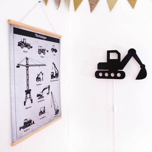 Houten wandlamp kinderkamer | Graafmachine, zwart - toddie.nl